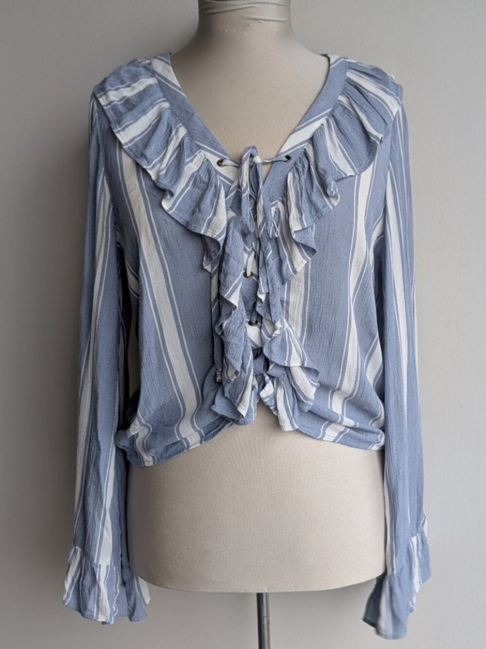 American Eagle Blue Striped Ruffle Lace Up Blouse